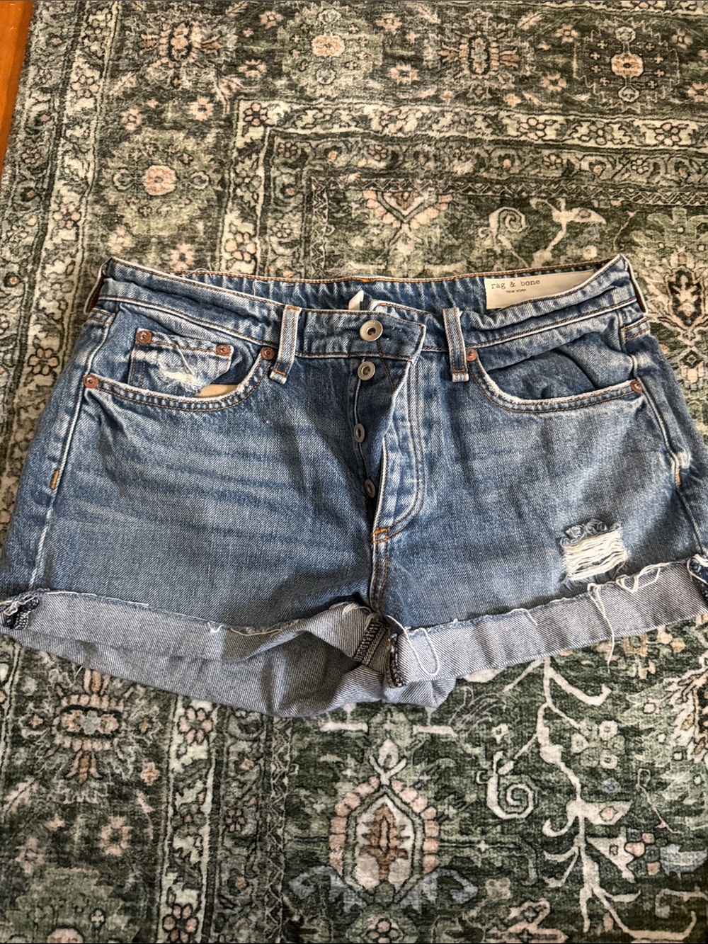 rag & bone Vintage Blue Distressed Button-Fly Jean Shorts